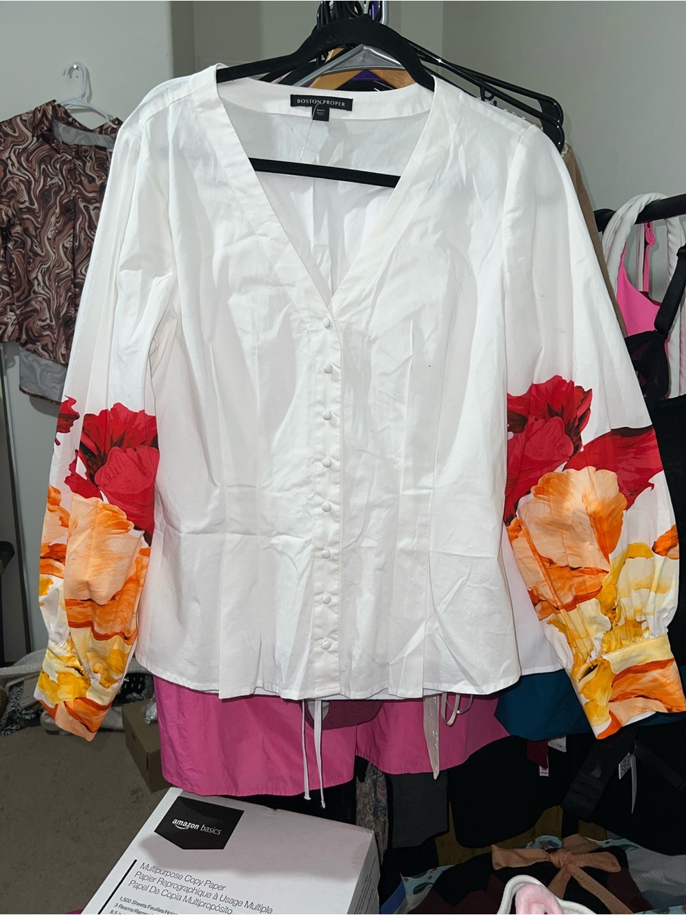 White button-front v-neck poplin blouse from the fashion brand Boston Proper.